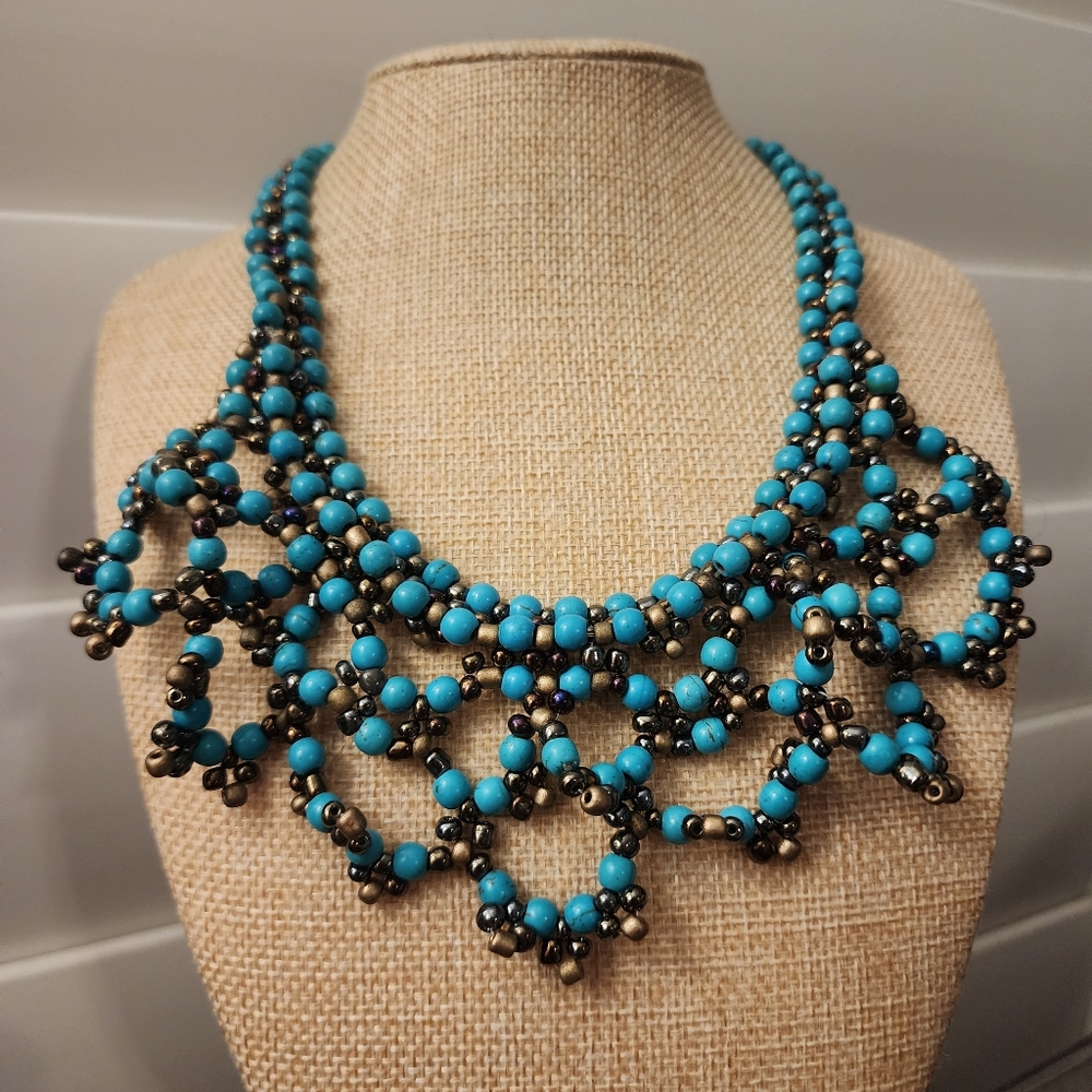 Handcrafted Teal Beaded Bib Necklace & Earring Set Cascading Geometric Bohemian